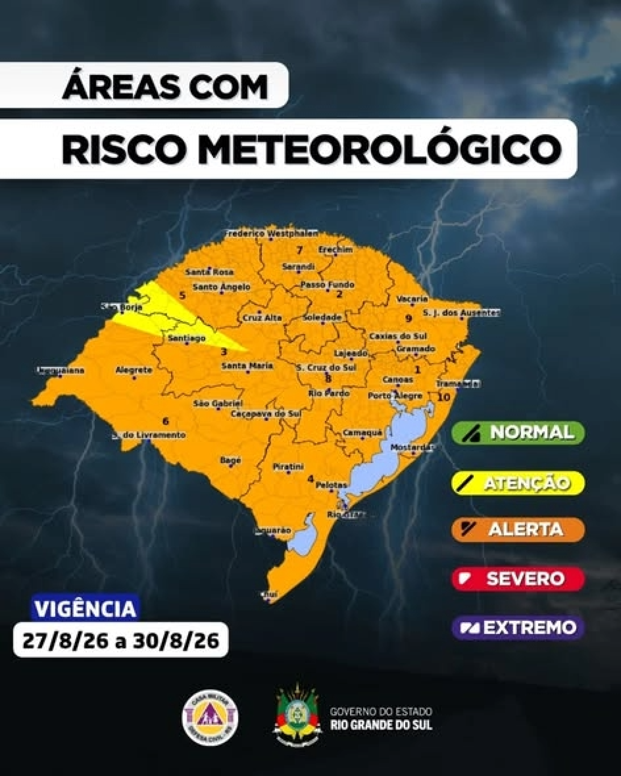 O Centro de Monitoramento da Defesa Civil Estadual atualiza as condições meteorológicas para os próximos dias no RS